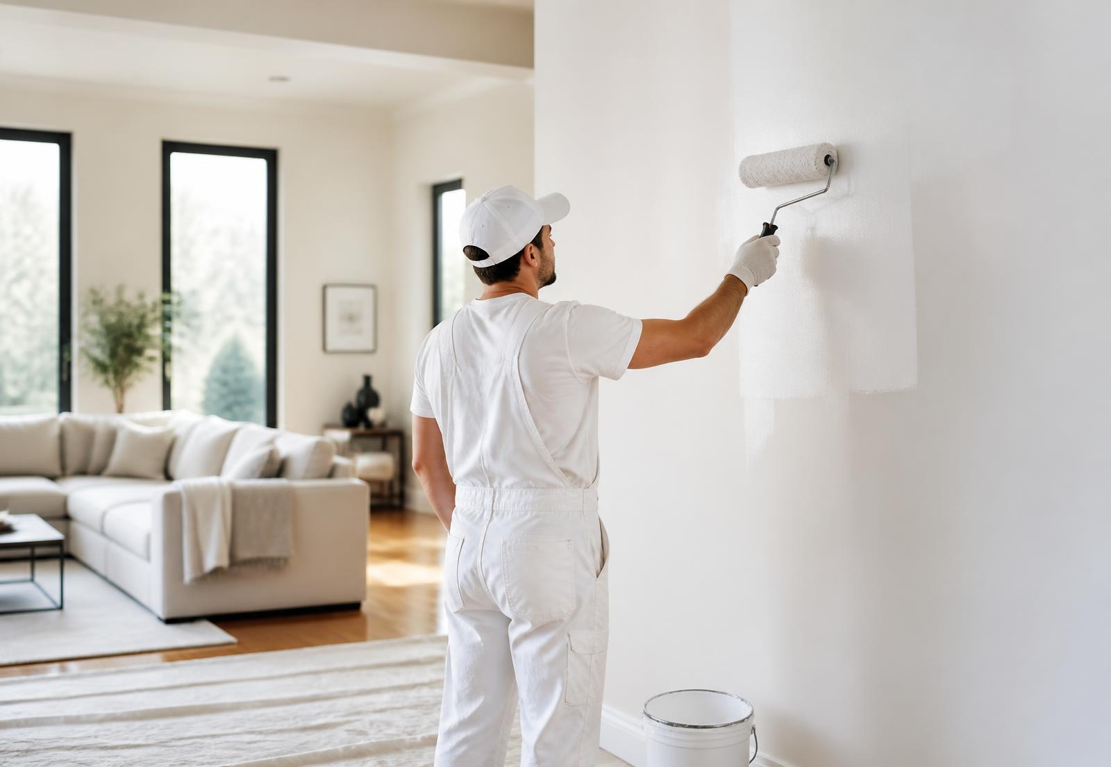 Painter rolling fresh paint on an interior wall